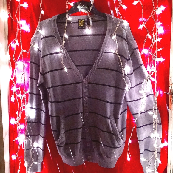 Escapism Cardigan Button Down Sweater w/Black 🖤 Strips & Gray. Size Medium. - Picture 2 of 4
